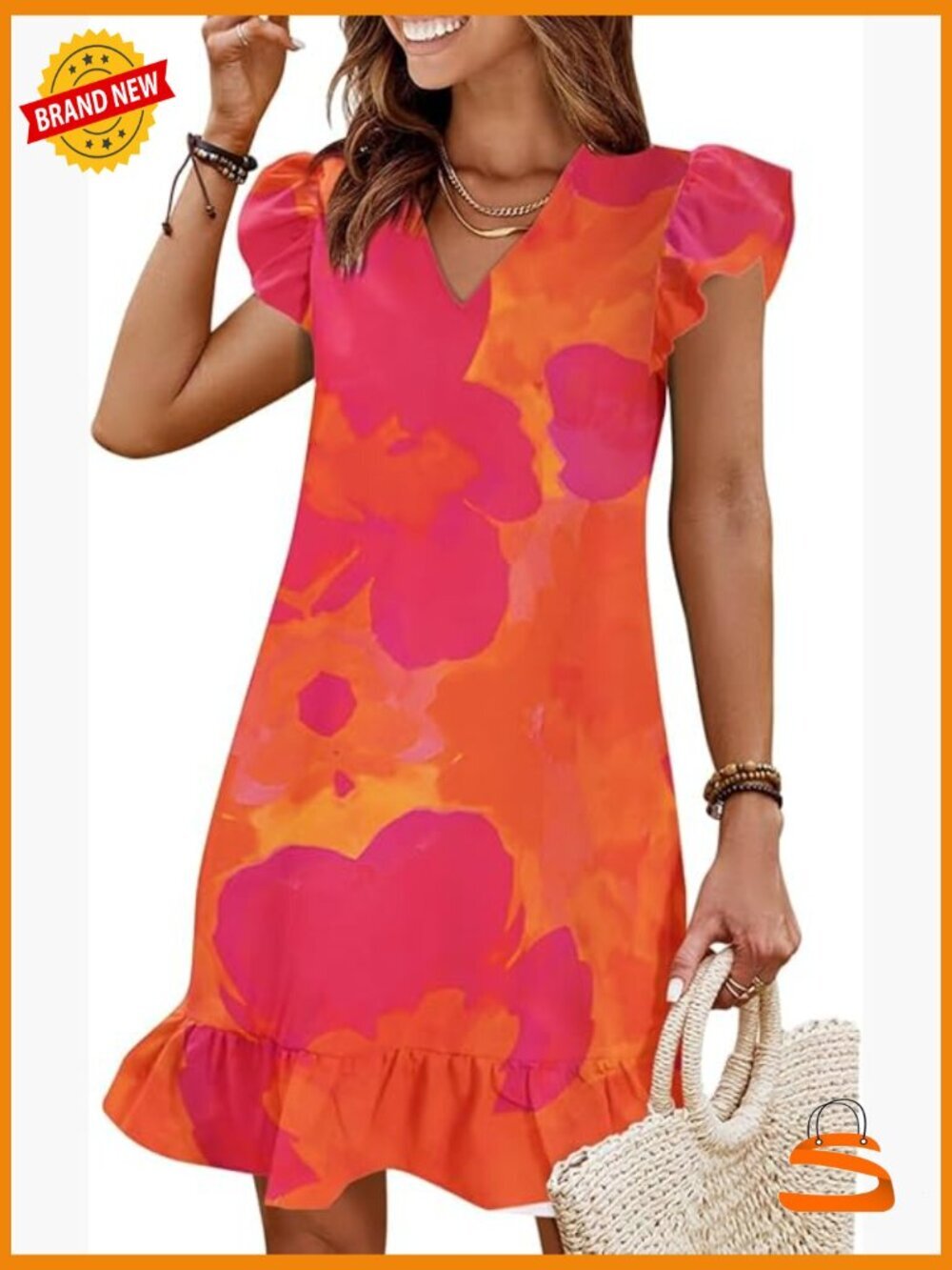 V Neck Cap Sleeve Ruffle Hem Smock Short Casual Beach Dress